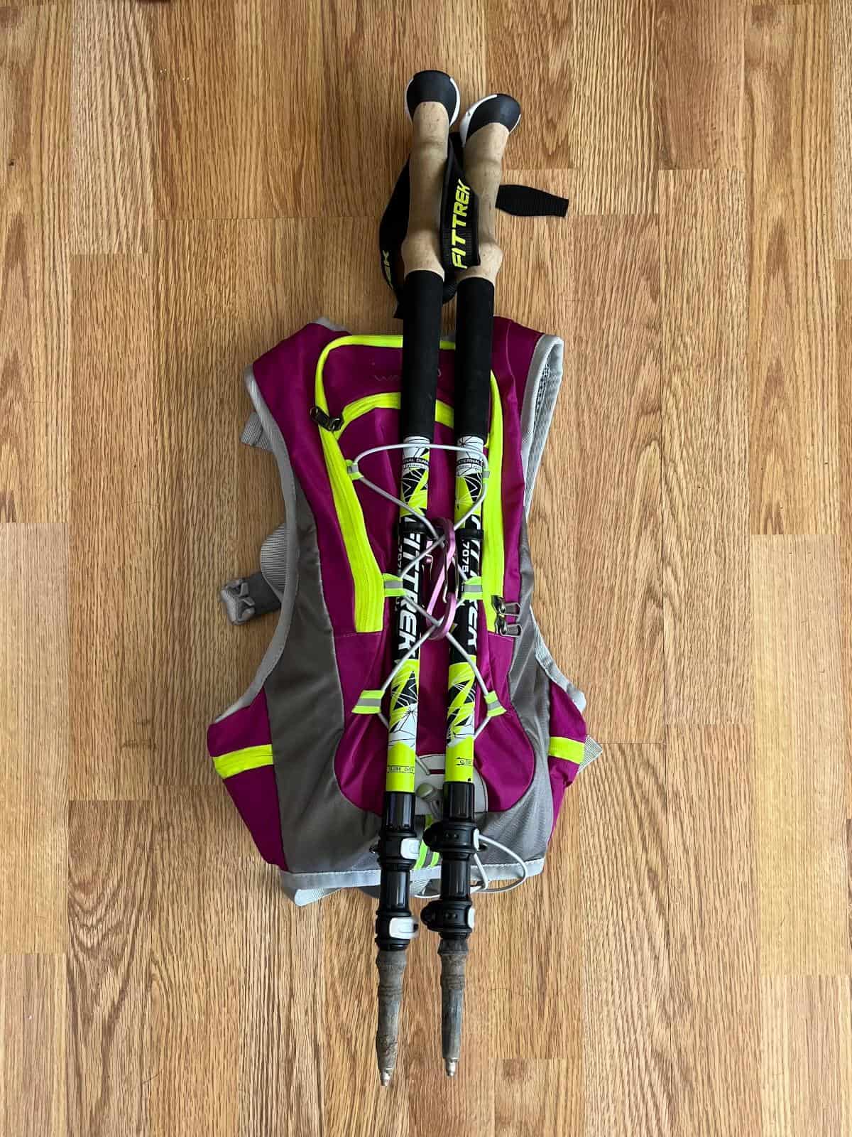 A pink hiking daypack with trekking poles attached to the back of the bag. 