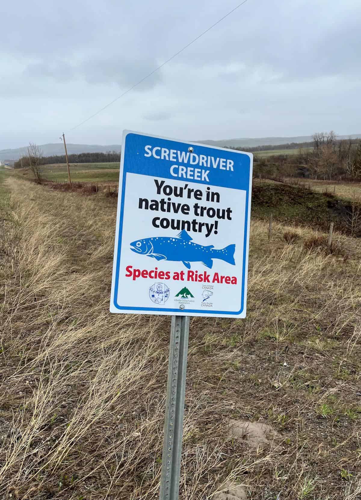 A sign that says "You are in native trout country. Species at risk area."