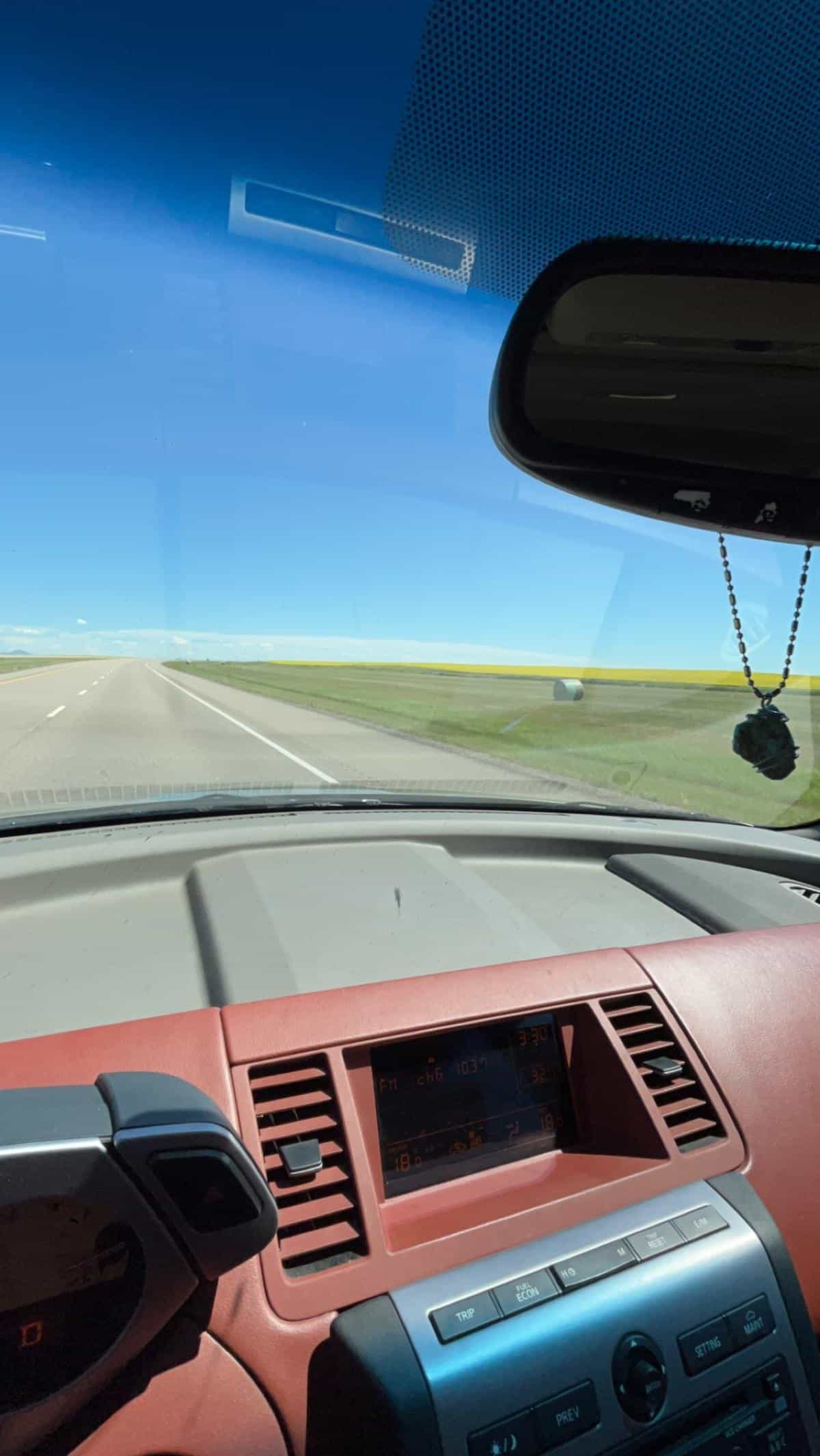 Looking out of the windshield at a road with bright yellow canola fields on both sides.