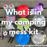 a bunch of camping cookware with the words "what is in my camping mess kit" overlain on the image