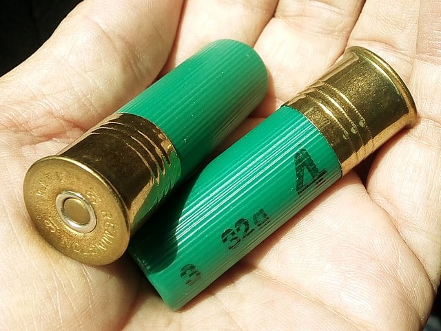 A hand holding two green shotgun shells.