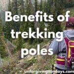 This is the title image. A woman with trekking poles looks out onto the forest. The words "benefits of trekking poles" is overlaid on the image.