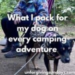 This is the title image. A dog stands in front of a woman that is sitting in a camping chair.