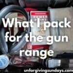 This is the title image. A bunch of gun range equipment in a toolbox. The words "what I pack for the gun range" is overlaid on the image.